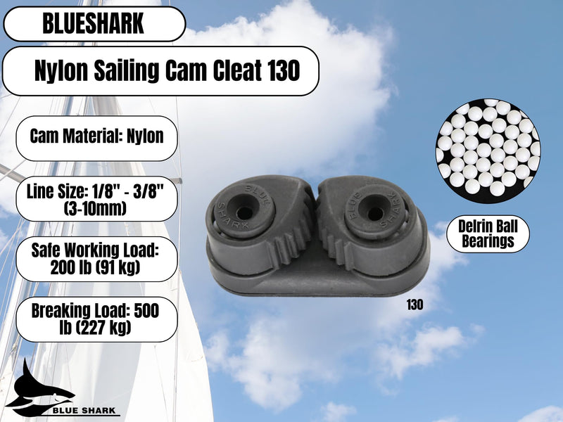 BLUESHARK Nylon Sailing Cam Cleat 130 for Line Sizes 1/8” in to 3/8” in (3-10mm) | 200 lb Safe Working Load 500 lb Breaking Load | Premium Quality 1 Pack