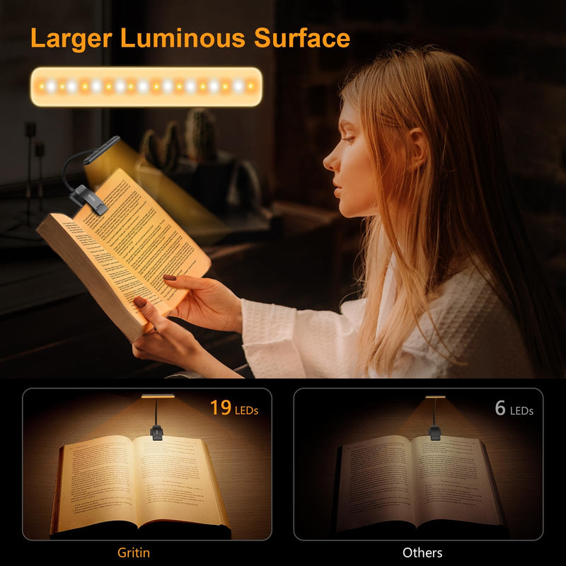 Gritin 19 LED Rechargeable Book Light for Reading in Bed with Memory Function- Eye Caring 3 Color Temperatures,Stepless Dimming Brightness,80 Hrs Runtime Lightweight Clip On Light for Book Lovers Black