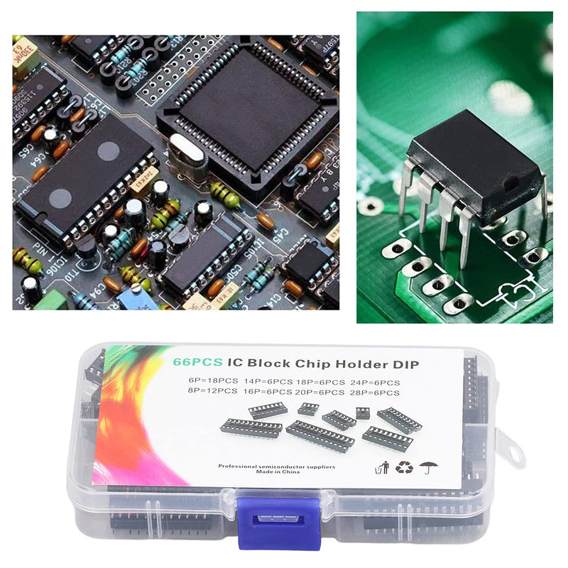 66Pcs 6P to 28P Insulating Plastic IC Chip Socket, Black Flat Pin IC Assortment Kit Circuit Components for Installation on PCB Boards and Circuit Boards
