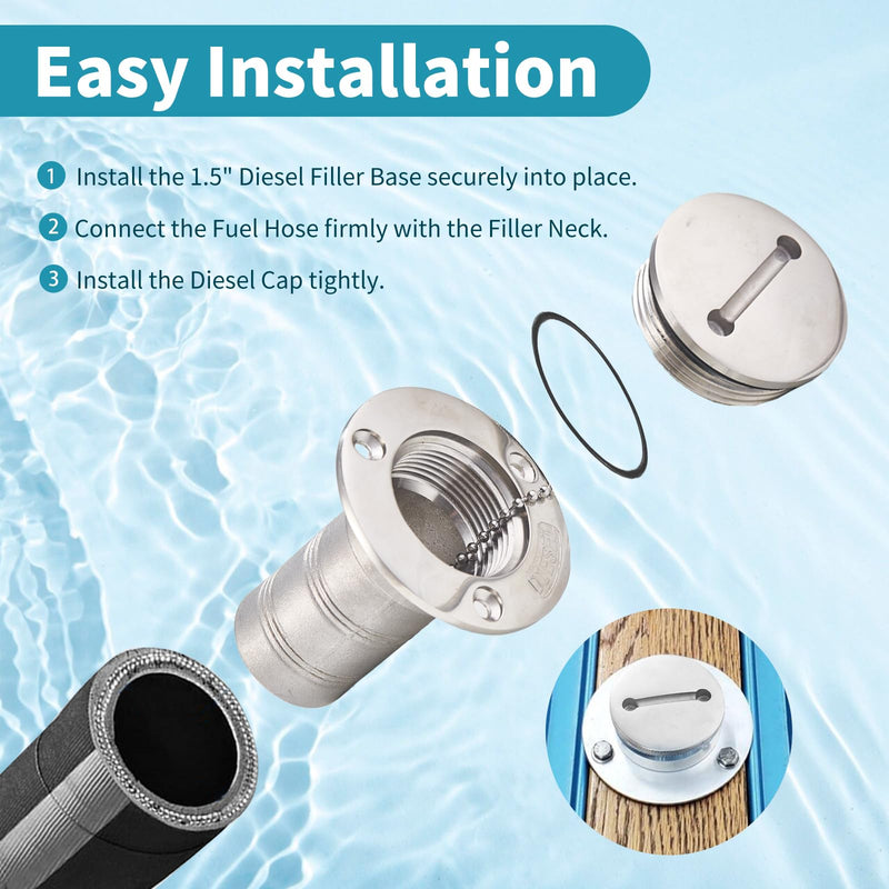 316 Stainless Steel Straight Diesel Deck Fill– Marine Boat Fuel Filler Neck & Secure Anti-Theft Access Diesel-Straight(1-1/2")