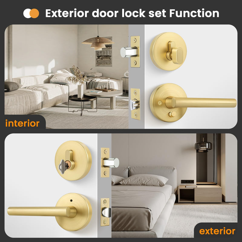 goldenwarm 1 Pack Exterior Gold Door Handle with Deadbolt, Single Cylinder Deadbolt and Entry Door Handle Set,Brushed Gold Front Door Lock Set Deadbolt Set