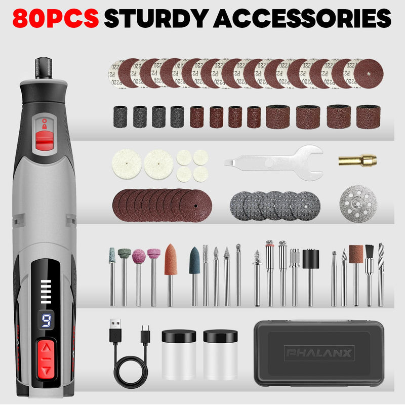 Rotary Tool - 4V Rotary Tool Cordless, PHALANX Rotary Tool Accessories 80 PCS 4000mAh Li-Ion Battery, Preset 9 Speed Adjustment Grinder Tool for Cutting Sanding Carving Polishing Engraver DIY Crafts Grey-4v