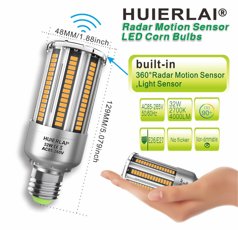 Radar Motion Sensor LED Light Bulbs, 32W Warm White 2700K 4000LM (300 Watt Equivalent) Auto Motion Detector Activated Dusk to Dawn Light for Stairway, Hallway, Porch, Garage, Driveway, Patio, 2 Pack