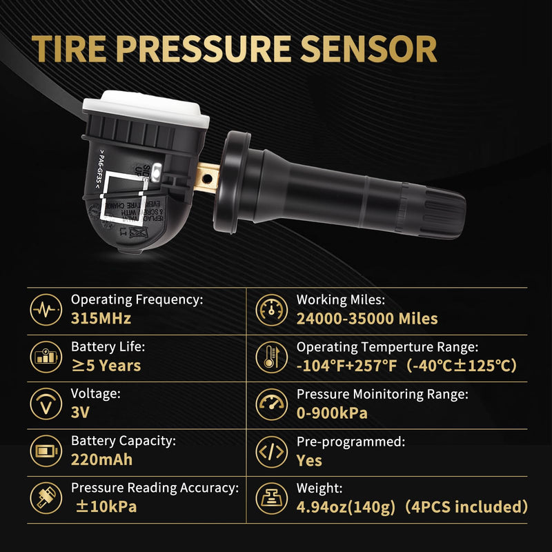 TPMS Sensor, 4PCS 315MHz Tire Pressure Monitoring Sensor Replacement for Chevy Camaro Suburban Impala, for GMC Acadia Yukon, for Buick Allure, for Pontiac G3 G5, 13598771 13598772
