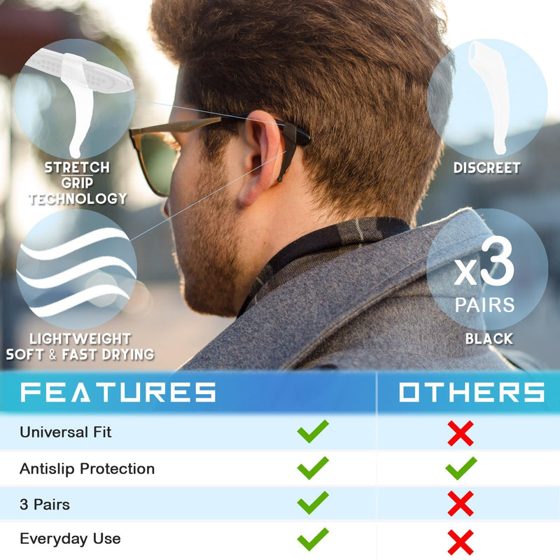 3 Pack - Sunglasses Retainer Anti-Slip Glasses Grip Ear Hook Eyeglasses Anti-Slip Temple Tip Glasses Holder (Black) Black