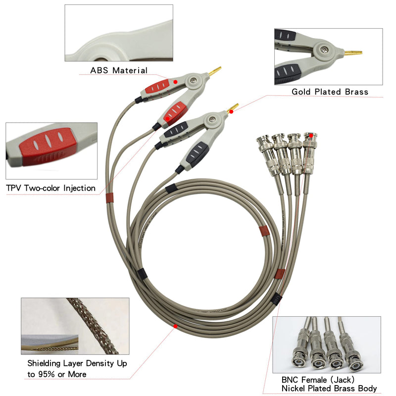 LCR Meter Test Leads BNC Male Plug Test Lead Kit Set, 4-Wire Kelvin Clip Alligator Electrical for Component Testing Clip Kelvin Clip with 4 BNC LCR Meter Cable
