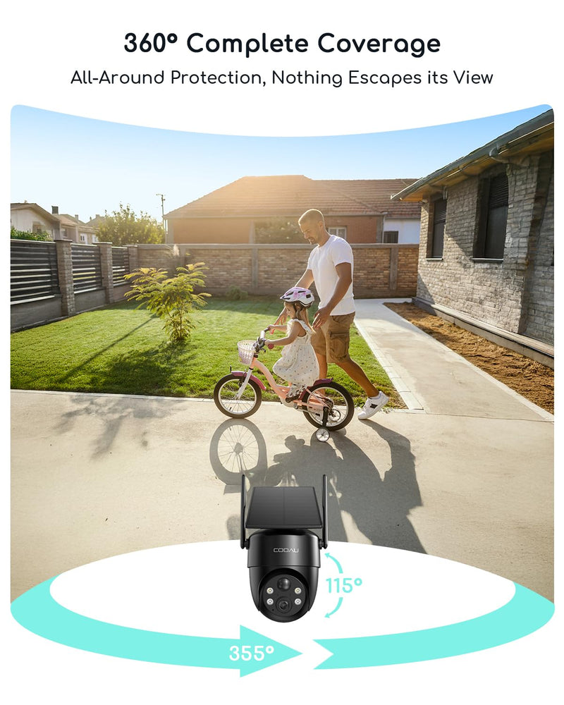 COOAU Solar Security Cameras Wireless Outdoor – Low-Light Rechargeable, Easy to Install, 2K 360° Camera for Home Security, Surveillance Cam with AI Smart Detection, Color Night Vision, IP66, Alexa Black - 1 Pack