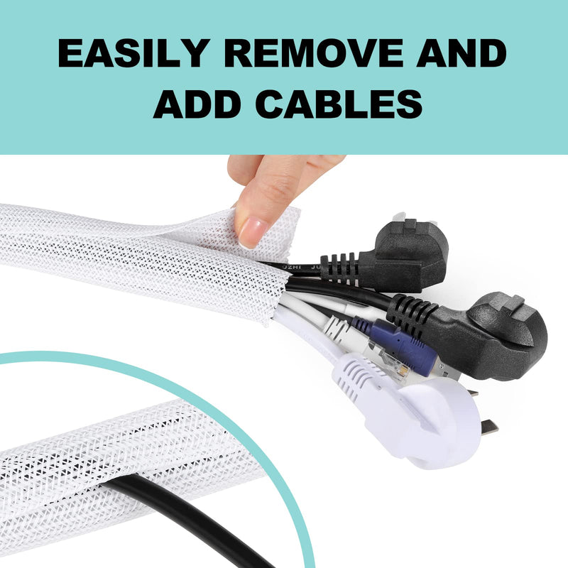 AGPTEK White Cable Sleeve Cover, 2 Pack 5ft - 1.2 inch Cord Management Wire Organizer Under Desk, Home Office Computer Wire Cover Hider Cord Protector, Protect Cables from Pet Cat Dog Chewing, White 1.2"-10ft
