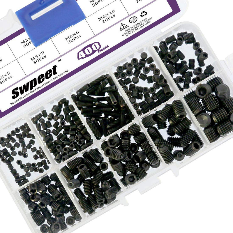 Swpeet 400Pcs Allen Head Socket Hex Grub Screw Assortment Kit, Including 10 Sizes M3/4/5/6/8 Internal Hex Drive Cup-Point Set Screws for Door Handles, Faucet, Light Fixtur - NewNest Australia