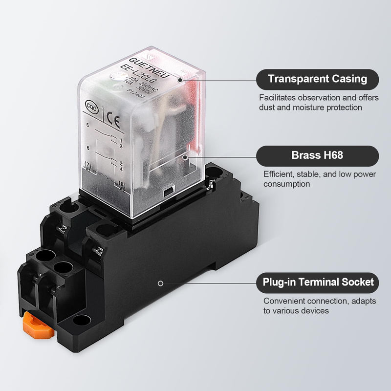2 Pcs Electromagnetic Power Relays, Green Indicator Light, 8-Pin DPDT 10 A 24 VDC Relay with Plug-in Terminal Socket, DIN Rail Mounted, CQC, CE (EE-L2CLG) 8-Pin 24 VDC
