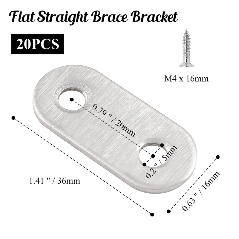 Bivethoi 20pcs Flat Straight Brace Bracket 1-1/2 Inch Brace Plate Connector, Stainless Steel Mending Plates Small Flat Bracket with Screws, Heavy Duty Straight Brace for Wood Cabinet (Silver) Flat Straight, 1-1/2 Inch