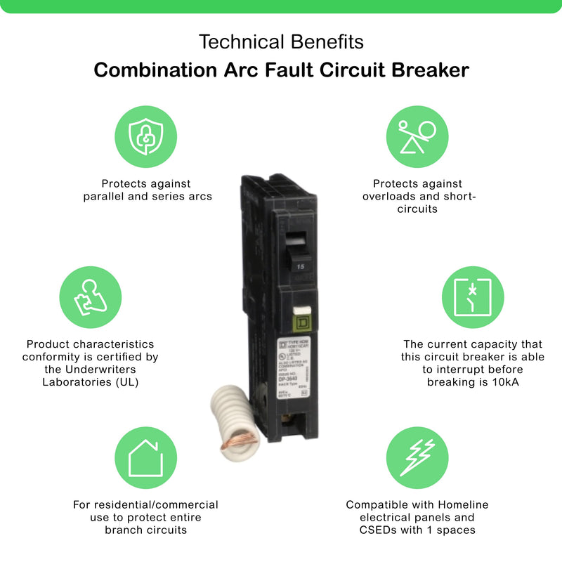 Square D - HOM115CAFIC Homeline Circuit Breaker, 15-Amp, 120V, 1-Pole, CAFCI, Plug-In Mount