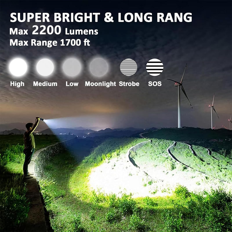 Rechargeable Flashlights 2200 High lumens, Super Bright LED Tactical Flashlight, Zoomable, IPX6 Waterproof, 6 Modes, Powerful Handheld Flash Light for Emergencies, Camping, Hiking Black