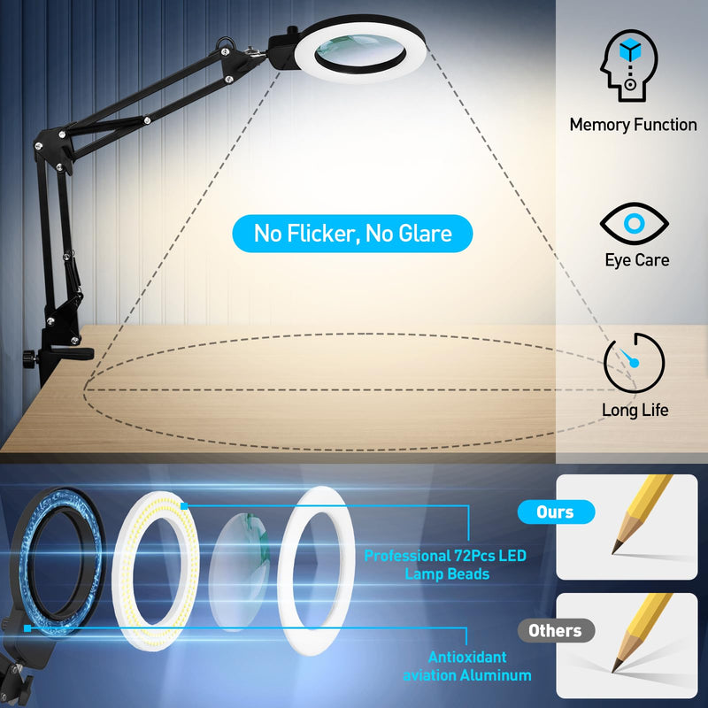 KIRKAS 12X Magnifying Glass with Light and Stand, Any Color Modes & Stepless Brightness LED Magnifying Lamp with Clamp, 2-in-1 Magnifier Glass Lens Desk Lamp for Crafts Hobby Reading Close Work 12X Base & Clamp