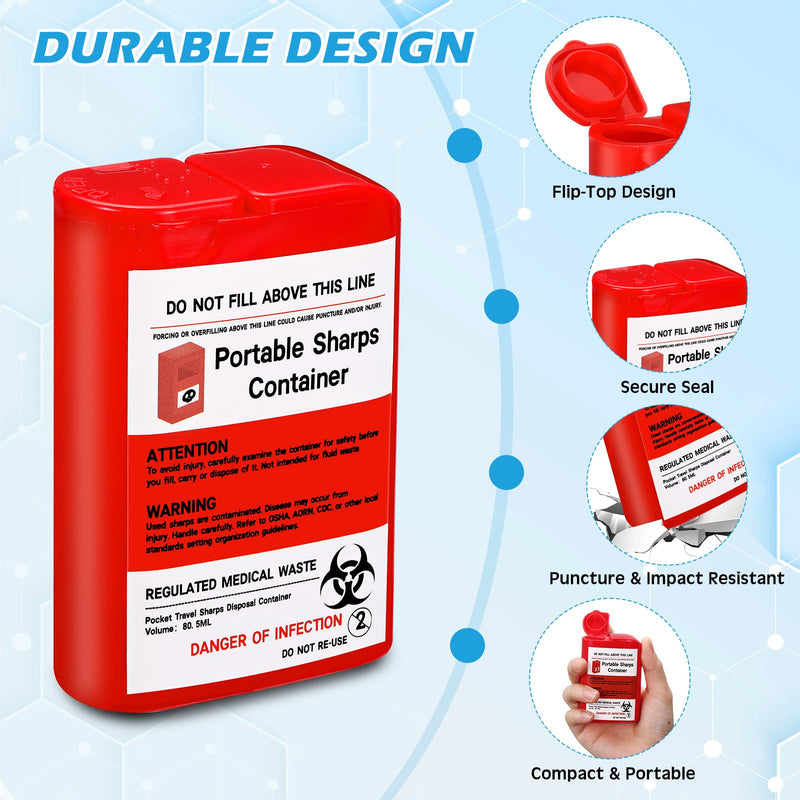 Baderke 3 Pcs Pocket Travel Sharps Disposal Container, 80ml Sharps Container Small Needle Disposal Portable Biohazard Syringe Container for Home Travel Diabetic Supplies Red