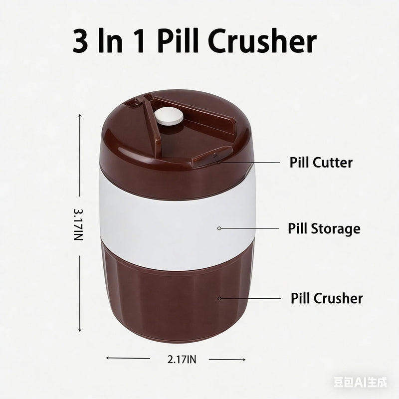 3-in-1 Pill Crusher and Cutter with Storage, BPA-Free Pill Grinder for Fine Powder, Stainless Steel Blade & Grinding Head, Portable Pill Splitter for Elderly, Pets, Travel (Brown) Brown
