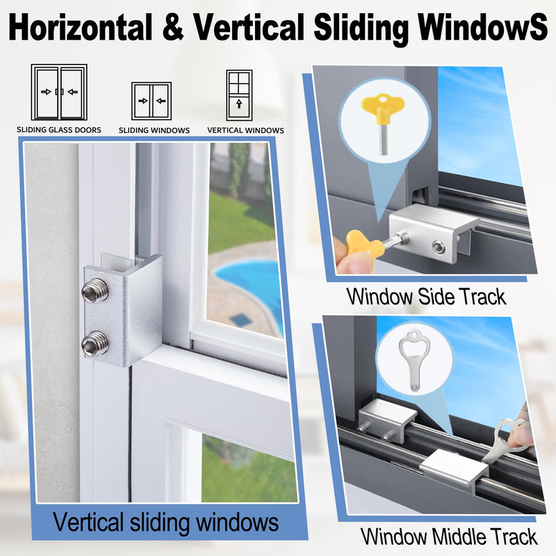 Sliding Window Locks,Window Locks for Horizontal Sliding Windows,Window Security Lock with Key,Adjustable Aluminum Easv to Install Window Stopper,Window Locks for Up and Down Windows (4 Sets Silver) 4 Set Double