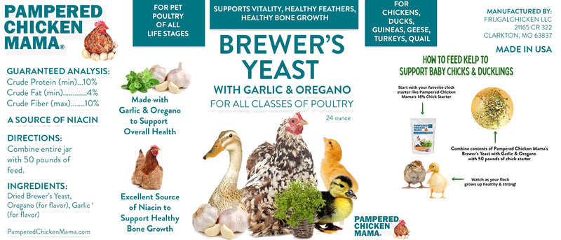 Brewer's Yeast for Ducks & Chickens with Garlic & Dried Oregano (24 Ounce) | Niacin for Ducks, Chicks, and Adult Chickens | Chicken Probiotic & Amino Acids| Pampered Chicken Mama (24 Ounce) 24 ounce
