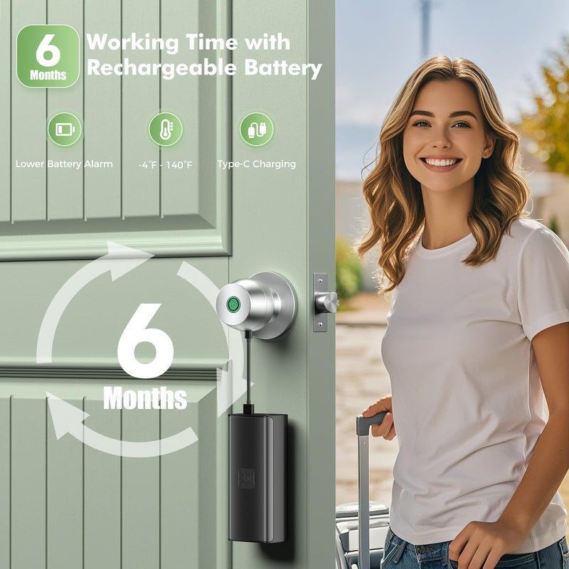 Fingerprint door knob, smart door knob, intelligent biometric fingerprint door lock, keyless entry, controllable via app, suitable for bedrooms, storage rooms, apartments, offices, hotels (silver) Silver