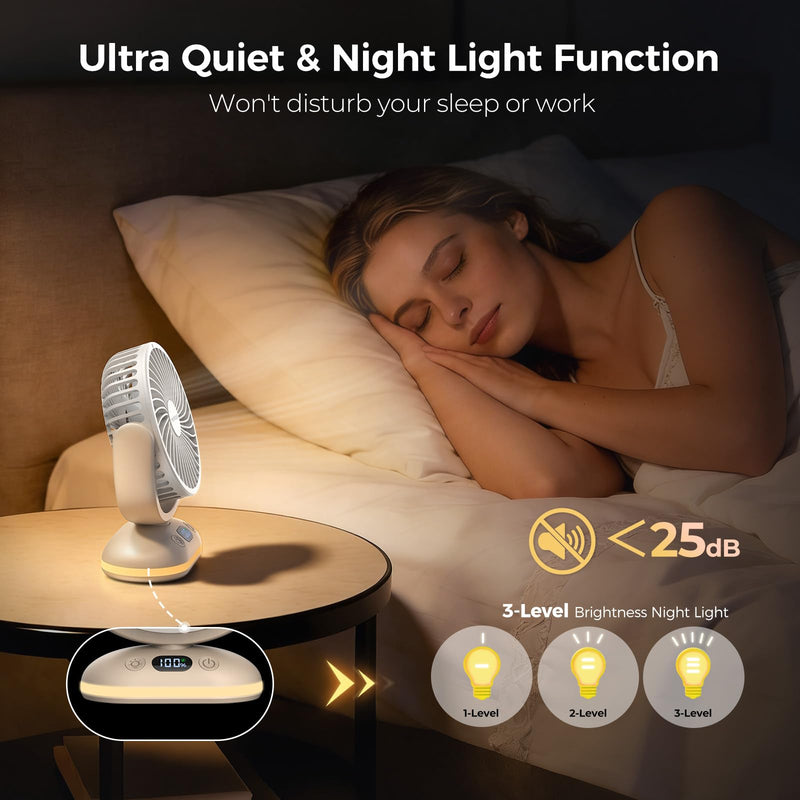 TriPole Desk Fan Small Quiet, Rechargeable Mini Portable Fan with LED Light Beige