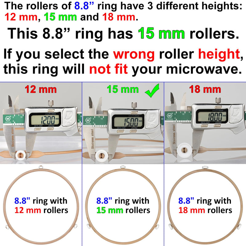 8.8" Microwave Turntable Ring with 15 mm Rollers, Microwave Oven Tray Support, Glass Plate Rotating Roller Ring, Ring Outer Diameter 8.8 inches (22.2 cm), Roller Height 15 mm