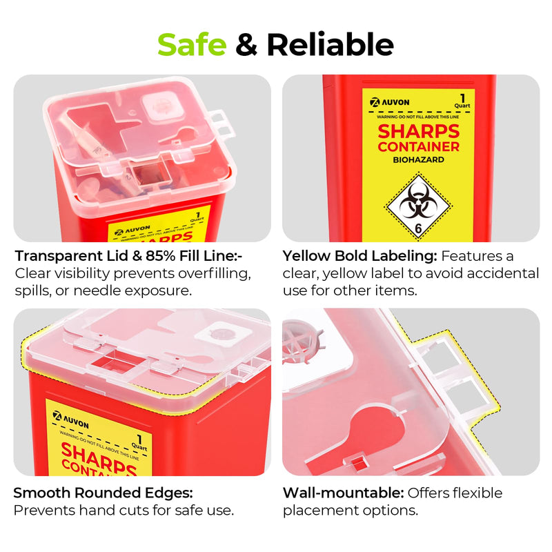AUVON Sharps Container for Home Use with Split Lid Design and Locking Mechanism, 1 Quart Needle and Syringe Disposal Containers, Portable Container for Travel and Professional Use, 1-Pack