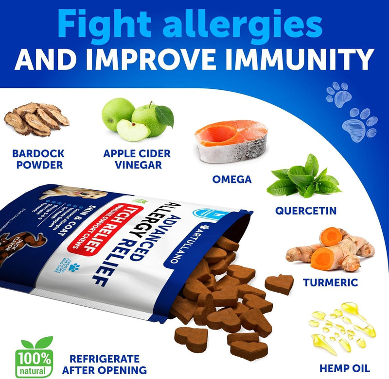 Dog Allergy Relief Chews - Itching Skin Relief for Dogs - Fish Oil - Omega 3 - Seasonal Allergies Pills - Skin & Coat, Anti Itch, Hot Spots Treatment - Canine Immune Health Supplement - 70 Soft Treats 70 Treats