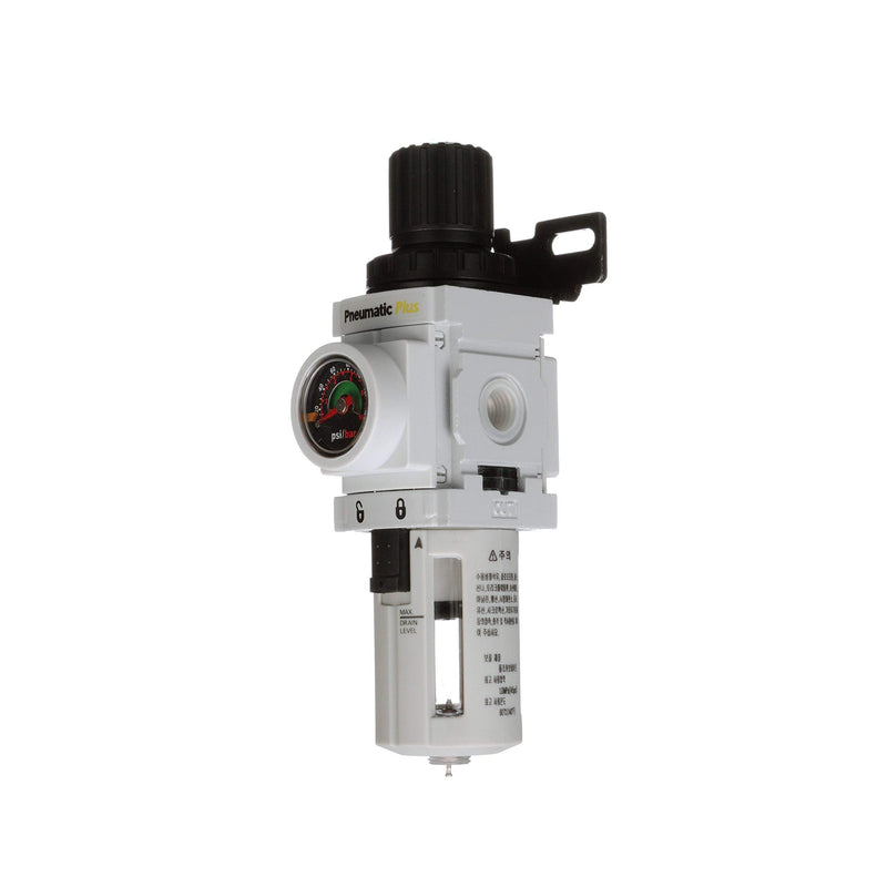 PneumaticPlus PPP2-N02BG Miniature Air Filter Regulator Piggyback Combo 1/4" NPT - 5 Micron, Poly Bowl, Manual Drain, Embedded Gauge 1/4" NPT - Poly Bowl, Manual Drain
