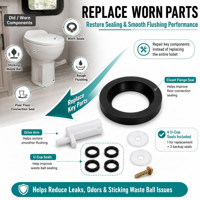 42048 Waste Ball Drive Arm Kit Compatible with Thetford Aqua Magic Style Lite, Style II & Style Plus RV Toilets, RV Toilet Repair Kit with Closet Flange Seal & Screw 42048 Waste Ball Drive Arm Kit 1