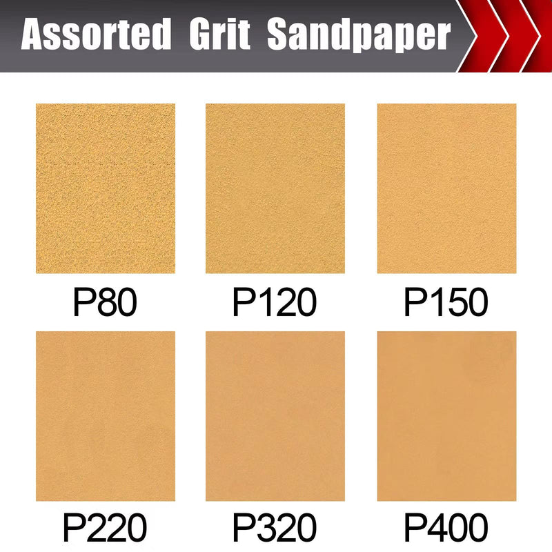 50 Pcs 1/4 Sheet Sandpaper, Premium Sand Paper 80/120/150/220/320/400 Grit Sandpaper Sheet Sand Paper Assortment for Wood Metal Automotive Palm Sanders 5.5" x 4.5" Premium 1/4 Sand Sheet