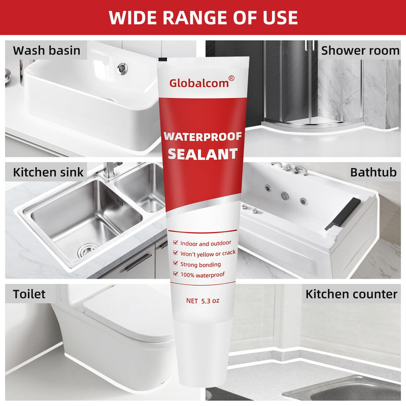 Globalcom Advanced Silicone Caulk for Kitchen & Bathroom - 100% Waterproof Silicone Sealant for Interior and Exterior Use, Stronger Adhesion, Shrink & Crack Proof - 5.3 oz White