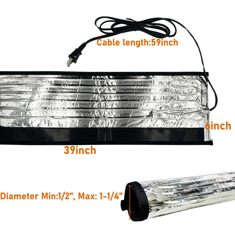 38.5" x 6" Water Pipe Heat Blanket Faucet Heating Blanket Winter Heating Tape for Metal and Plastic Pipes, 120V, Thermostat Max Temp 140˚F, OD Max: 1-1/4"