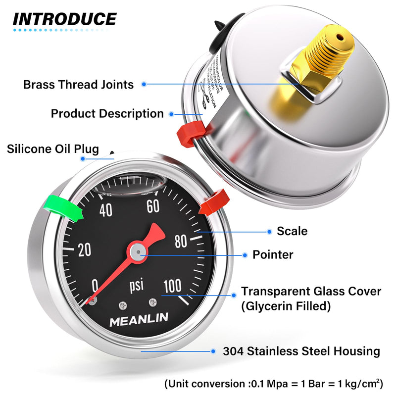 MEANLIN MEASURE 0~100Psi Stainless Steel 1/8" NPT 1.5" FACE DIAL, Glycerin Filled Pressure Gauge, Liquid Filled, Back Mount with 2PCS Snaps (Black) 0-100Psi Back Mount(Black Dial)