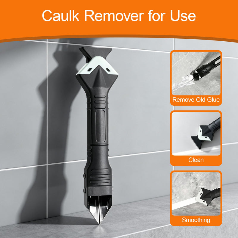 Caulk Gun Kit with Caulk Remover Tool – 3 in 1 Caulking Tool Set for Caulking Removal, Includes Smooth Silicone Caulking Gun, Scraper, Grout Balls, Finishing Tools for Bathroom Kitchen Window Tile Caulk Gun with Remover Kit