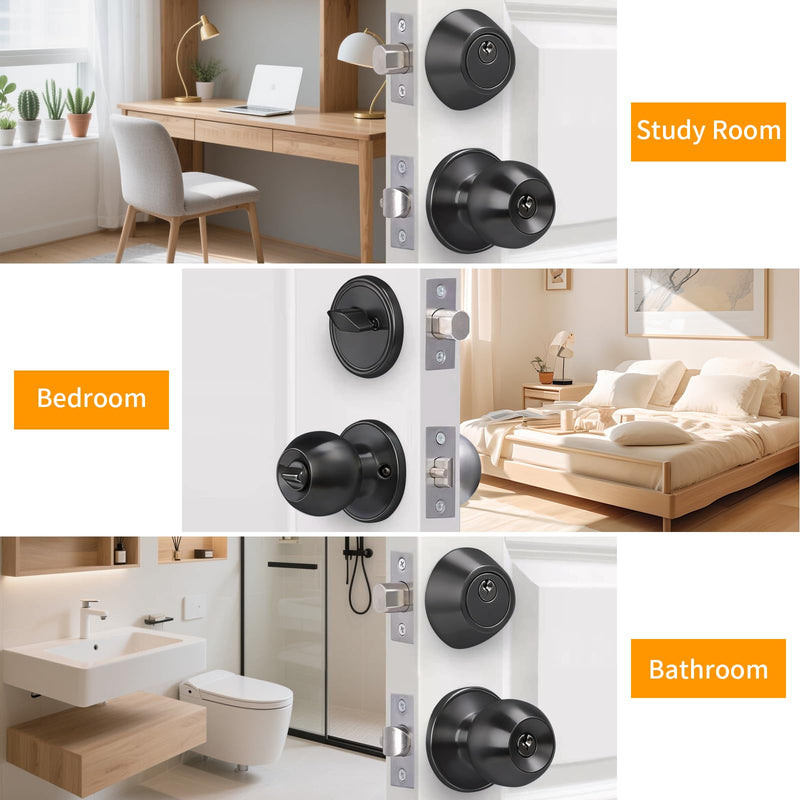 Secure Keyed Entry Door Knob with Lock & Key, Heavy-Duty Exterior Interior Door Lock Handle for Front Door, Home Bedroom Bathroom, Commercial & Residential Entry Door Hardware,Matte Black 1 587ET+D101--Matte Black