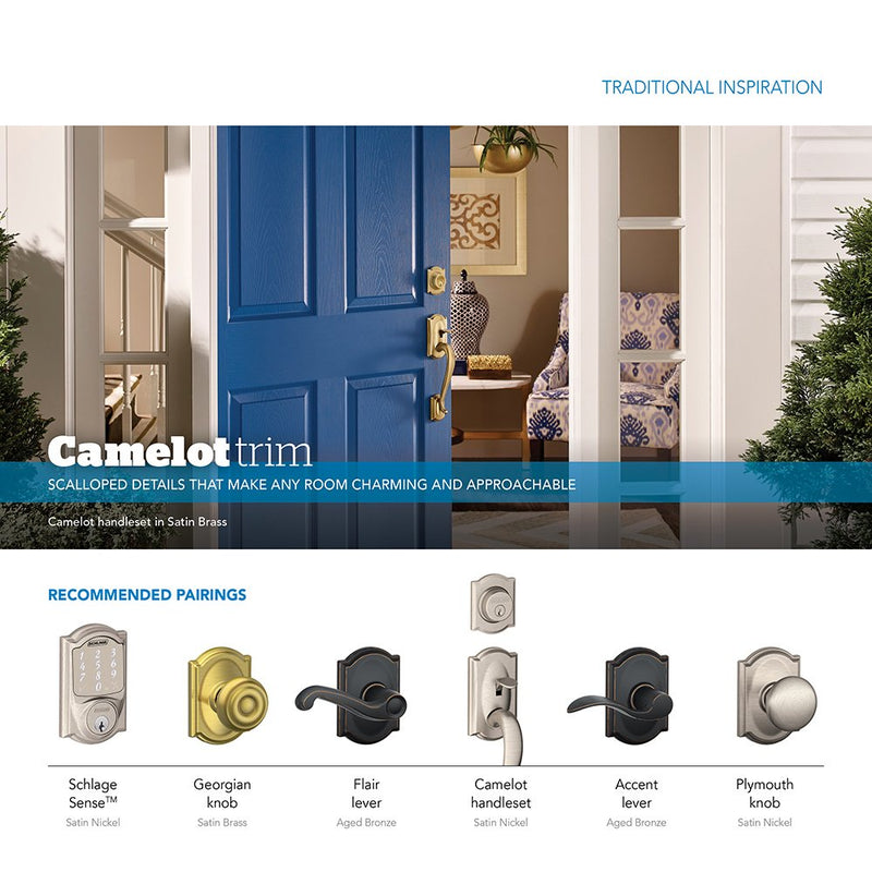 SCHLAGE F51A GEO 608 CAM Georgian Knob with Camelot Trim Keyed Entry Lock, Satin Brass