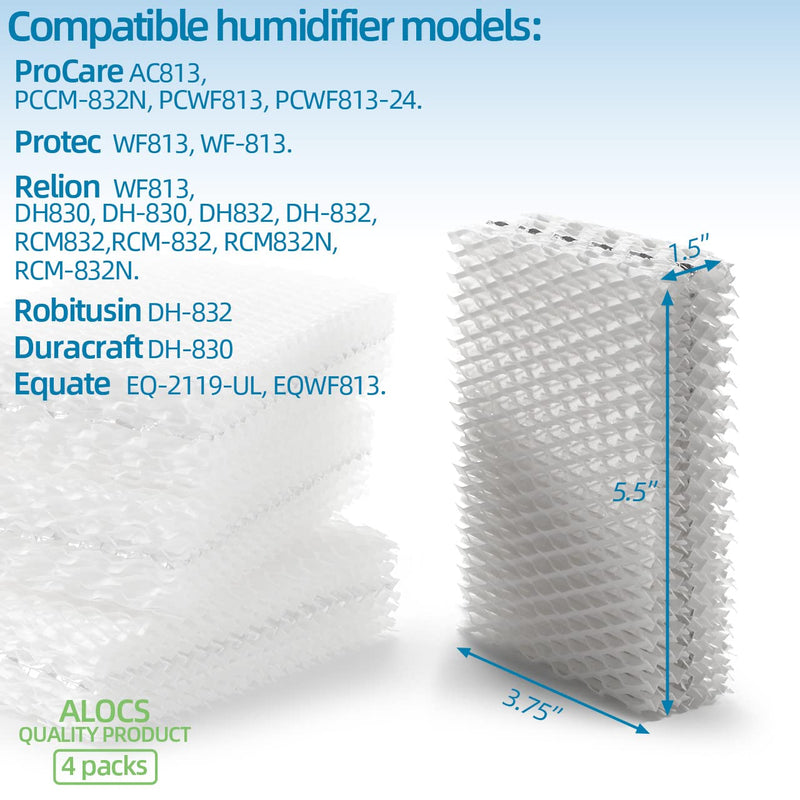 WF813 Humidifier Filter Replacement for Relion - RCM832 RCM-832N Procare PCWF813 Protec WF813 Equate EQ-2119-UL EQWF813 Cool Mist Humidifiers Wick Filters (Pack of 4)