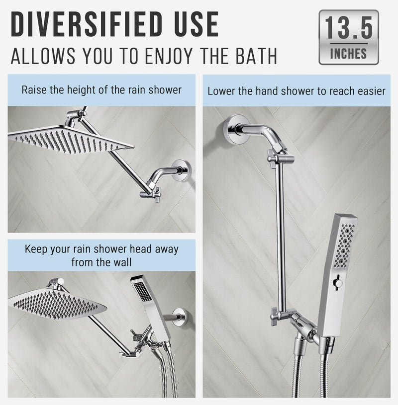 G-Promise 13.5 Inch All Metal Shower Head Extension Arm, Adjustable Extender with Locking Screw for Rise or Lower Rainfall and Fixed Shower Head, Universal G1/2 Connector Replacement Part (Chrome) Chrome