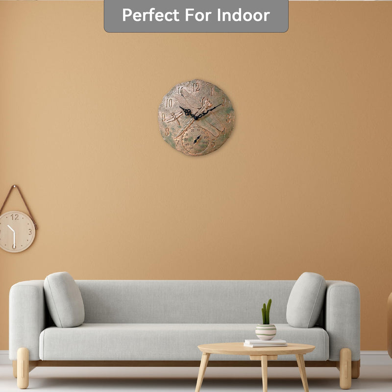Lily's Home Hanging Wall Clock, Includes a Thermometer, Ideal for Indoor and Outdoor Use, Wonderful Housewarming Gift for Friends, Polyresin Dragonflies