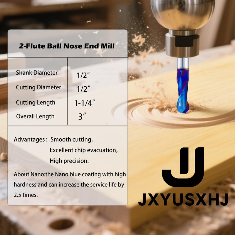 CNC Router Bits 1/2 inch Shank Carbide Ball Nose End Mill with Nano Blue Coating for Side Milling End Milling, Finish Machining (1, 1/2" S*1/2" D*1-1/4"CL*3" OVL) 1/2"S*1/2"D*1-1/4"CL*3"OVL