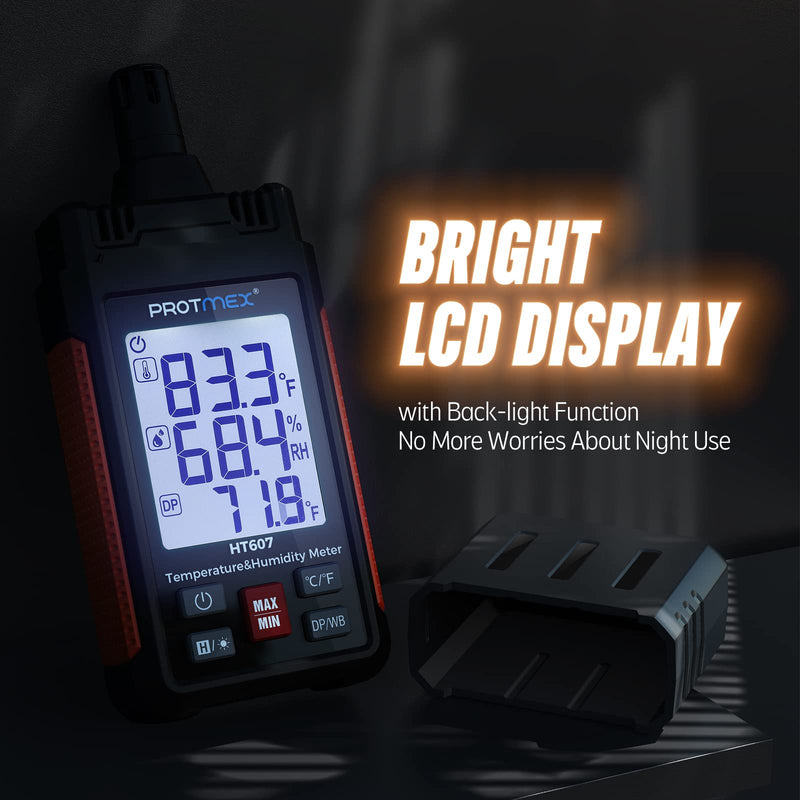 HT607 Temperature Humidity Meter High Precision Digital Hygrometer with Ambient, Relative Humidity, Dew Point, Wet Bulb Thermometer, Min/Max Hold, LCD Backlight with Cover Protector - NewNest Australia