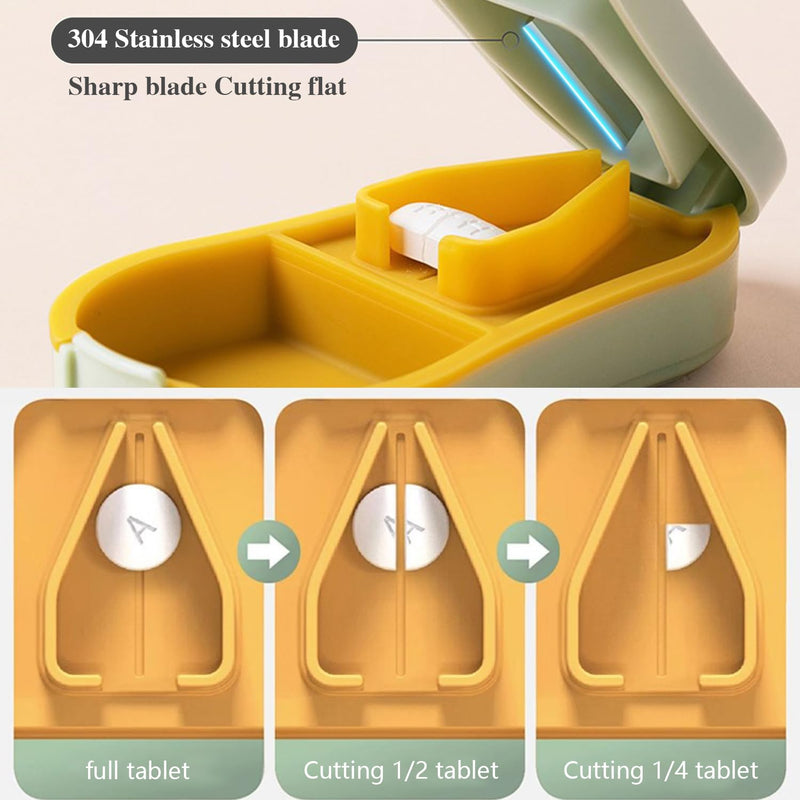 Pill Cutter Splitter for Small and Tiny Pills - Pill Cutter 1/4 - Accurately Cuts Multiple Pills - Easy Open Snap Button. Detachable Nonslip V-Shaped Pad. Wrap-Around Blade Guard. Back Storage (Cyan) Cyan