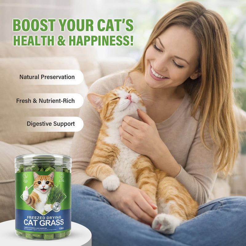 Freeze Dried Cat Grass Treats for Indoor Cats - Chicken & Wheatgrass Dice for Hairball Control & Dental Care, Grain Free High Protein Training Rewards, Digestive Support Cat Snacks (120g)