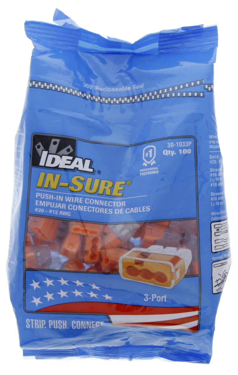 IDEAL Electrical 30-1033P Orange in-Sure Push-in 3-Port Connectors (100-Pack)