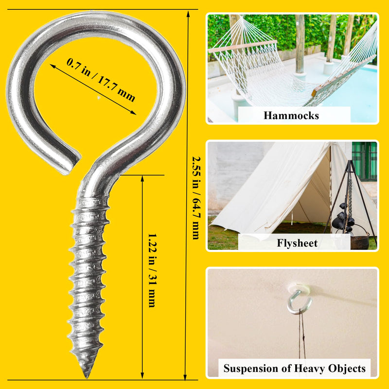 8 PCS M6 304 Stainless Steel Screw Eye Hooks, 2.55 Inch Eye Bolt Eye Screws Heavy Duty Eye Hooks Screw, Load Bearing 200LBS for Indoor & Outdoor Use 8