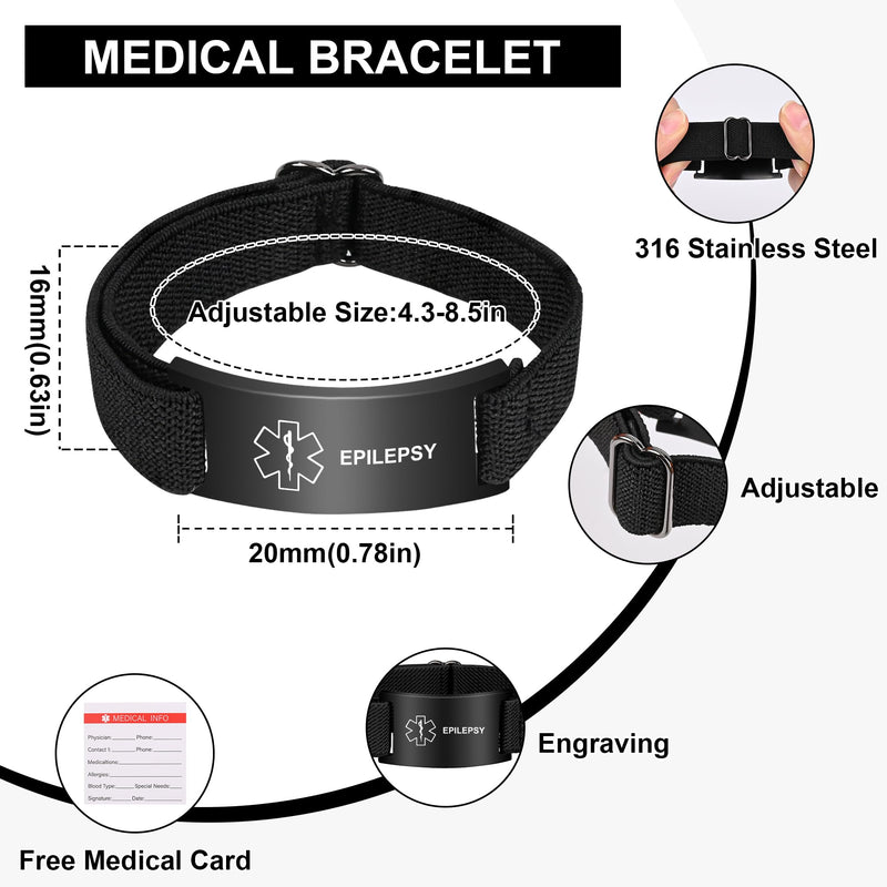 Medical Alert Bracelet for Women Men, Adjustable Medical Alert ID Wristband for Diabetic D.N.R Pacemaker Epilepsy Black
