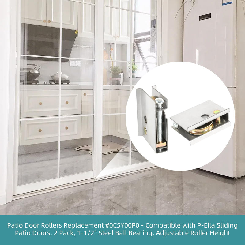 Sliding Patio Door Rollers,1-1/2" Steel Ball Bearing, Edge Adjustable, Stainless Steel Housing W/Flange Compatible with P-Ella Sliding Door Series post-1992, 2 Pack