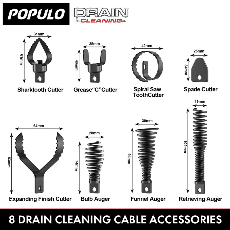 POPULO 8-Piece Drain Snake Drill Attachment - Tackle Any Clog with Precision,Commonly Used in POPULO 50FT-100FT AC Drain Cleaning Machine,Suitable for 5/16-inch to 3/4-inch Drain Snake Cable