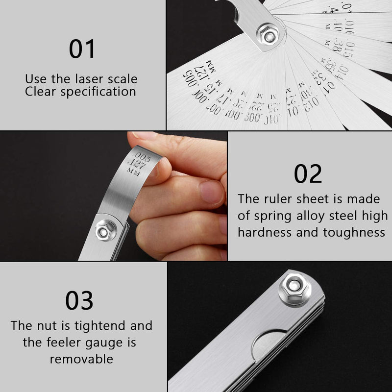 2 Pieces Steel Feeler Gauge Dual Marked Metric and Imperial Measuring Tool (32 Blades Feeler Gauge, 16 Blades Feeler Gauge) 32 Blades Feeler Gauge, 16 Blades Feeler Gauge
