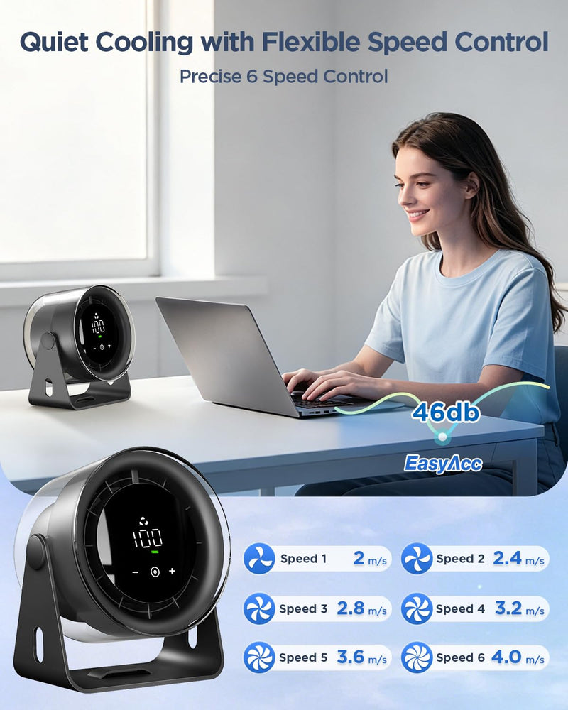 EasyAcc 7" Small Rechargeable Desk Fan Personal Cooling, 6000mAh Battery Black